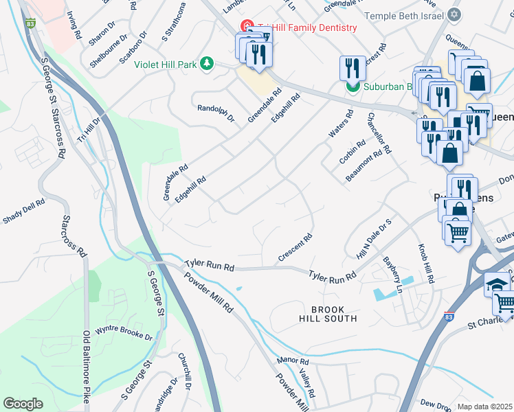 map of restaurants, bars, coffee shops, grocery stores, and more near 382 Waters Road in York
