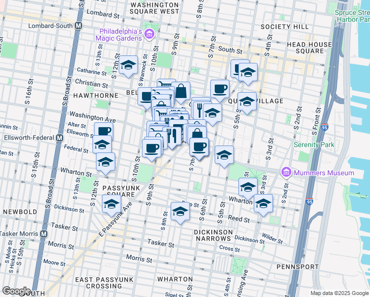 map of restaurants, bars, coffee shops, grocery stores, and more near 1105 East Passyunk Avenue in Philadelphia