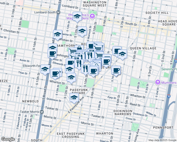 map of restaurants, bars, coffee shops, grocery stores, and more near 1145 South 10th Street in Philadelphia