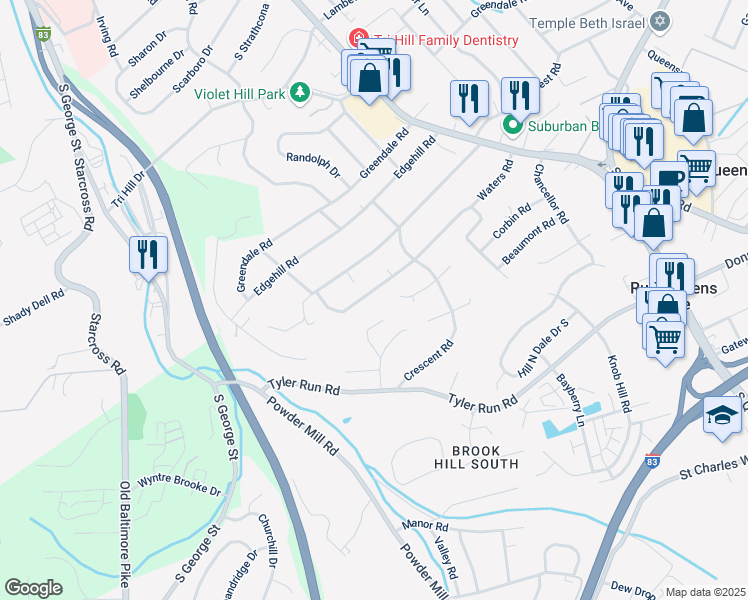 map of restaurants, bars, coffee shops, grocery stores, and more near 382 Waters Road in York