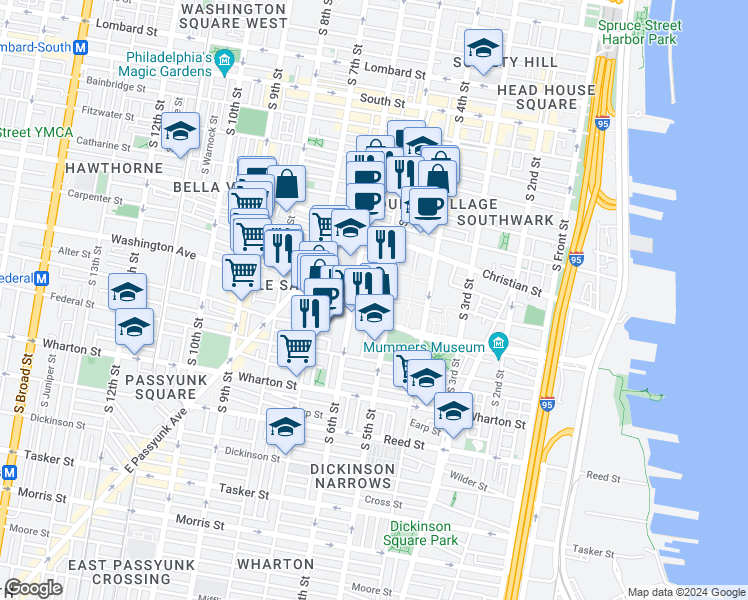 map of restaurants, bars, coffee shops, grocery stores, and more near 1027 South Randolph Street in Philadelphia
