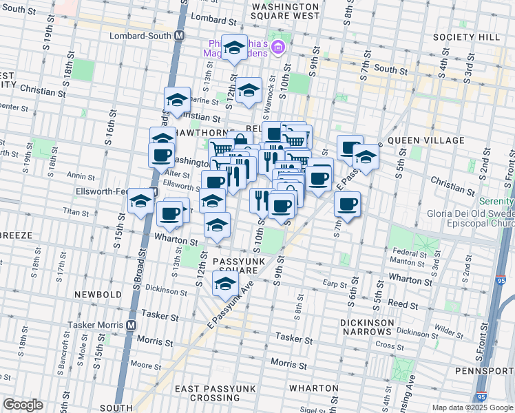 map of restaurants, bars, coffee shops, grocery stores, and more near 1008 Ellsworth Street in Philadelphia