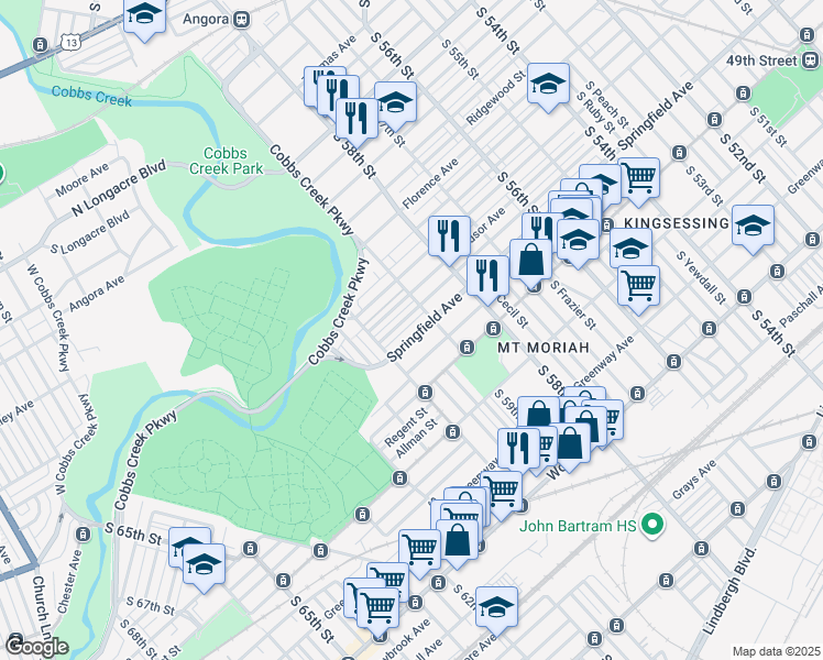 map of restaurants, bars, coffee shops, grocery stores, and more near 5920 Windsor Street in Philadelphia