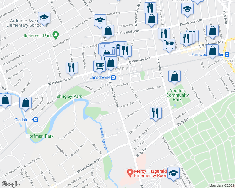map of restaurants, bars, coffee shops, grocery stores, and more near 87 South Lansdowne Avenue in Lansdowne