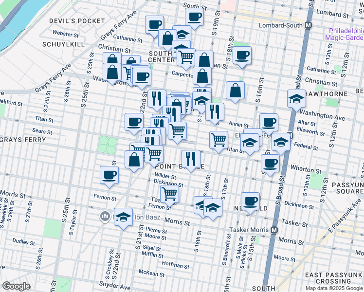 map of restaurants, bars, coffee shops, grocery stores, and more near 1937 Wharton Street in Philadelphia