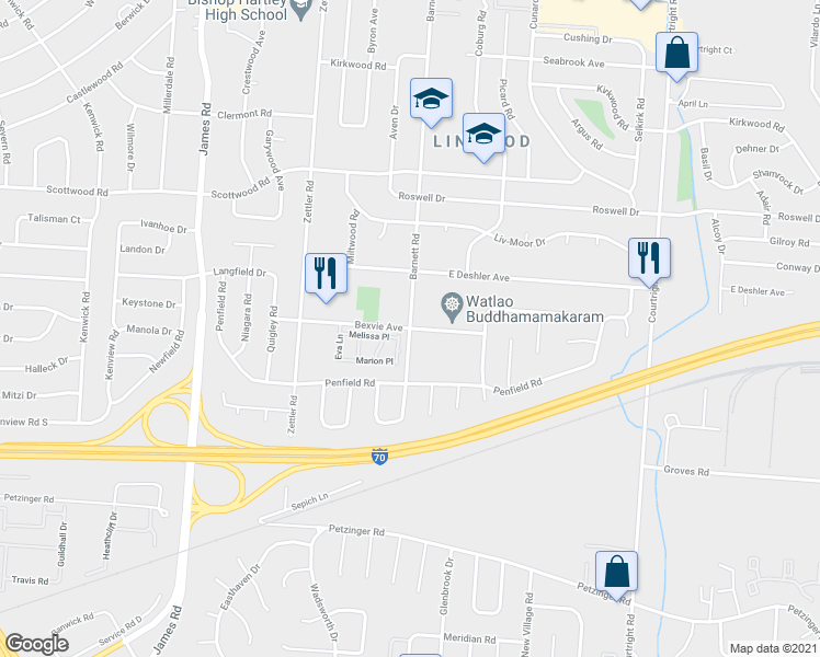 map of restaurants, bars, coffee shops, grocery stores, and more near Barnett Rd & Bexvie Ave in Columbus