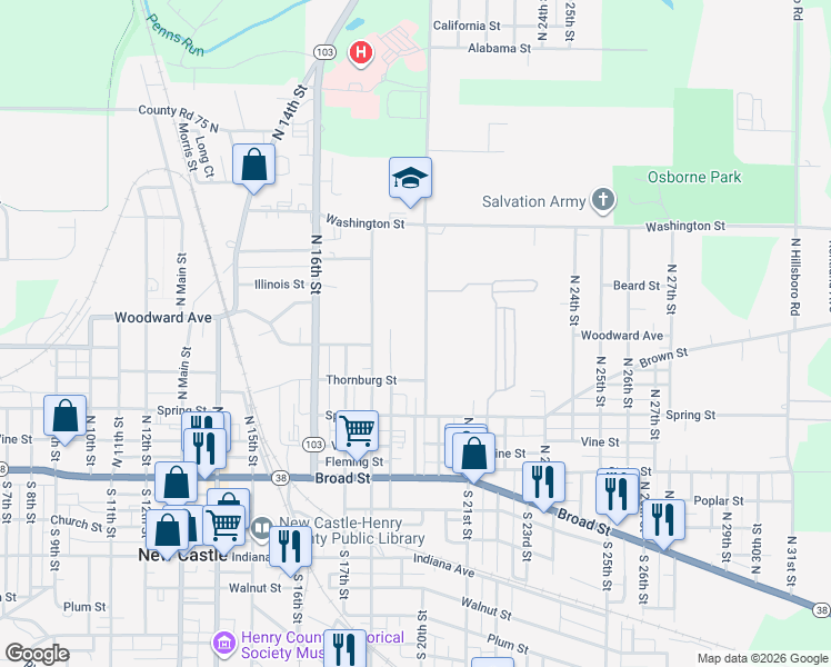 map of restaurants, bars, coffee shops, grocery stores, and more near 428 North 20th Street in New Castle