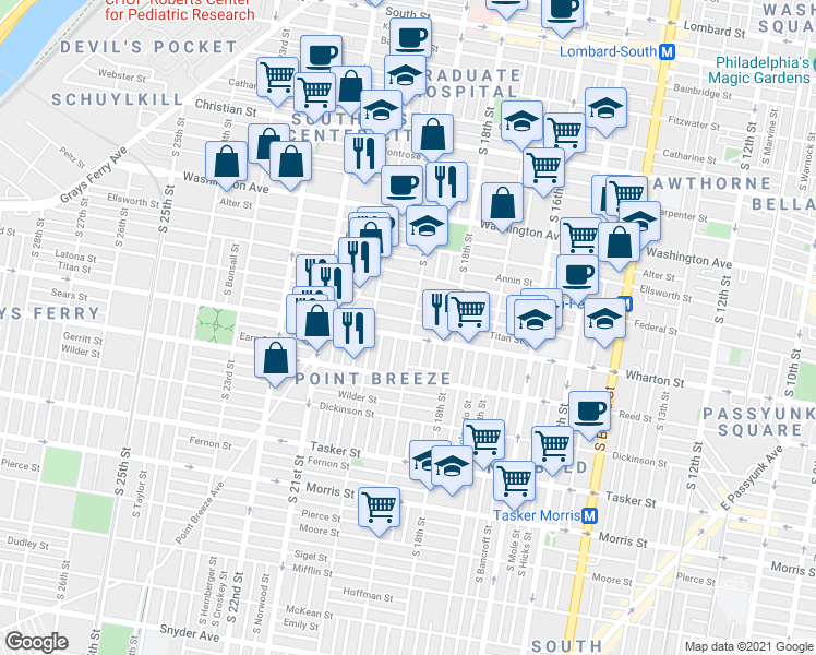 map of restaurants, bars, coffee shops, grocery stores, and more near 1250 South 19th Street in Philadelphia