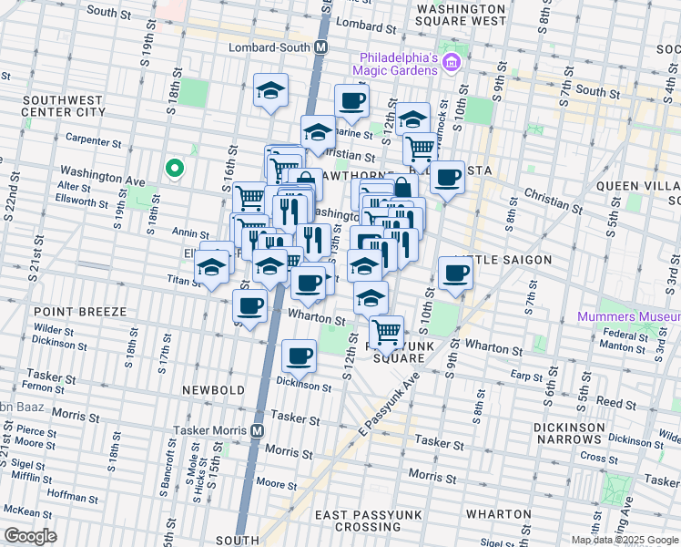 map of restaurants, bars, coffee shops, grocery stores, and more near 1148 South 13th Street in Philadelphia