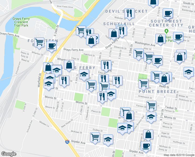 map of restaurants, bars, coffee shops, grocery stores, and more near 1415 South 28th Street in Philadelphia