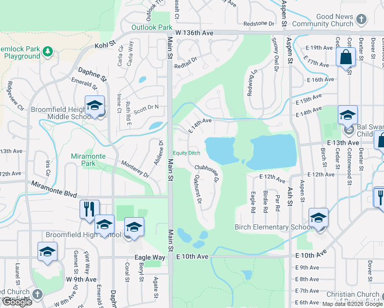 map of restaurants, bars, coffee shops, grocery stores, and more near 90 East 13th Place in Broomfield