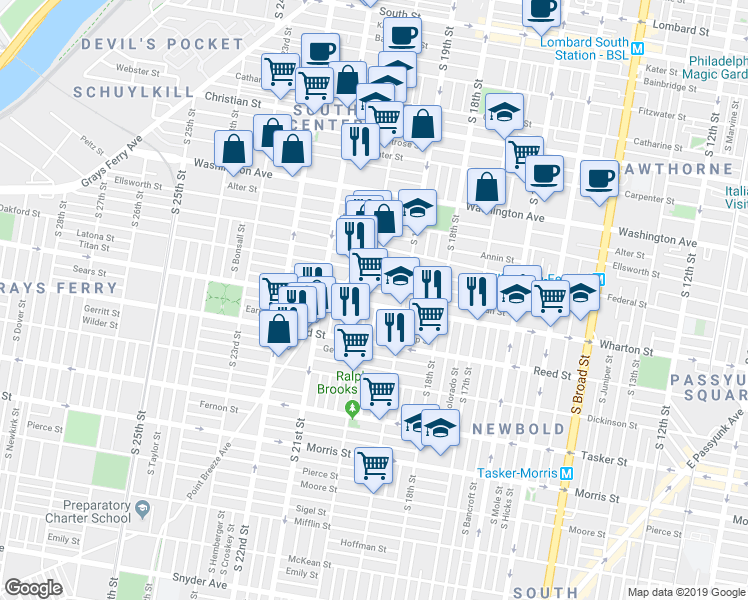 map of restaurants, bars, coffee shops, grocery stores, and more near 1941 Wharton Street in Philadelphia