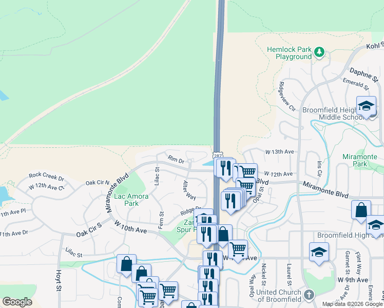 map of restaurants, bars, coffee shops, grocery stores, and more near 2256 Sunridge Circle in Broomfield