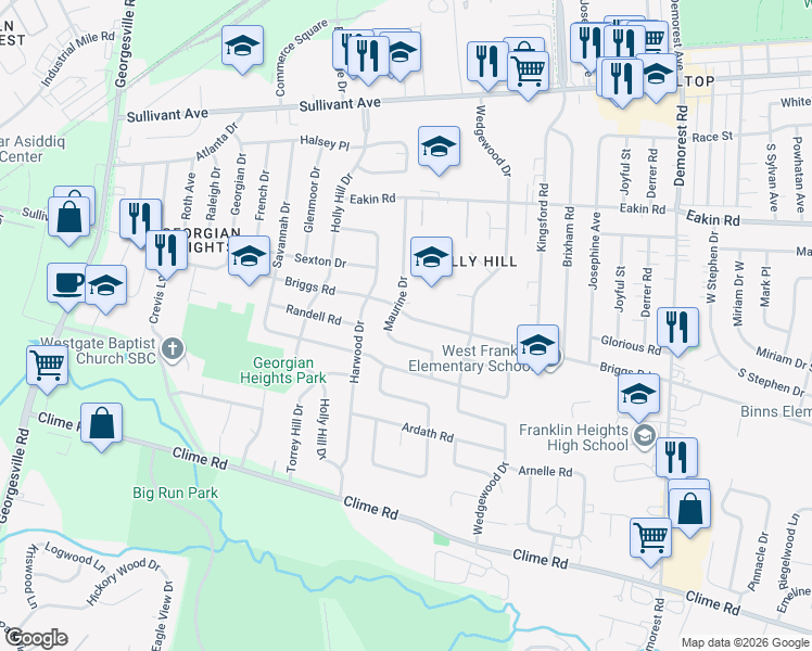 map of restaurants, bars, coffee shops, grocery stores, and more near 3852 Briggs Road in Columbus