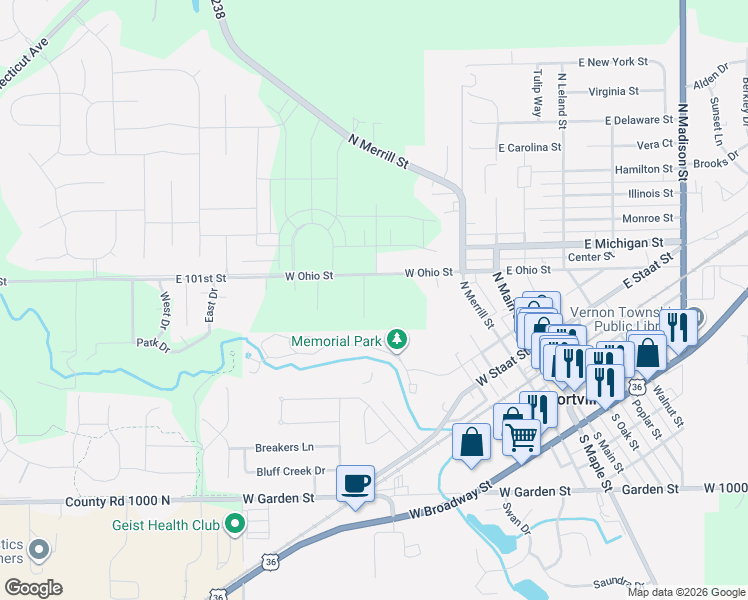 map of restaurants, bars, coffee shops, grocery stores, and more near 243 Noel Lane in Fortville