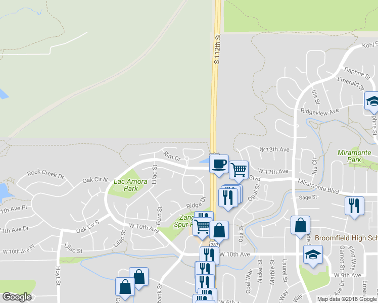 map of restaurants, bars, coffee shops, grocery stores, and more near 2256 Sunridge Circle in Broomfield
