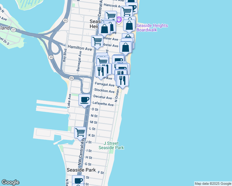 map of restaurants, bars, coffee shops, grocery stores, and more near 24 Stockton Avenue in Seaside Park