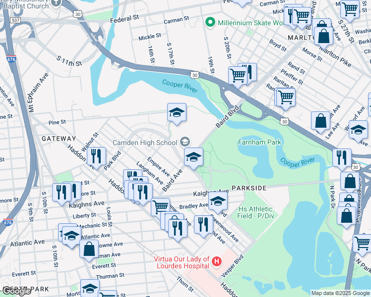 map of restaurants, bars, coffee shops, grocery stores, and more near 1700 Park Boulevard in Camden