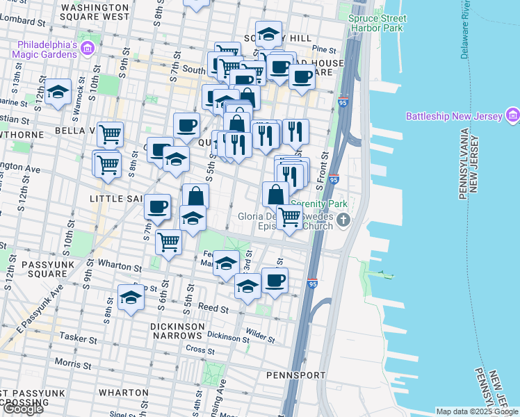 map of restaurants, bars, coffee shops, grocery stores, and more near 905 South Bodine Street in Philadelphia