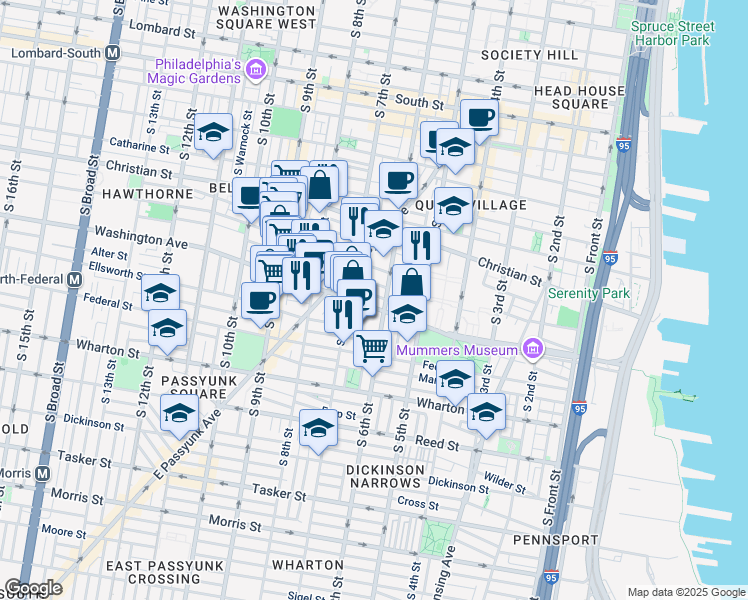 map of restaurants, bars, coffee shops, grocery stores, and more near 951 East Passyunk Avenue in Philadelphia