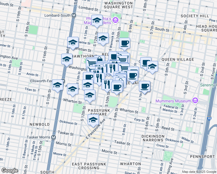map of restaurants, bars, coffee shops, grocery stores, and more near 1139 South Alder Street in Philadelphia