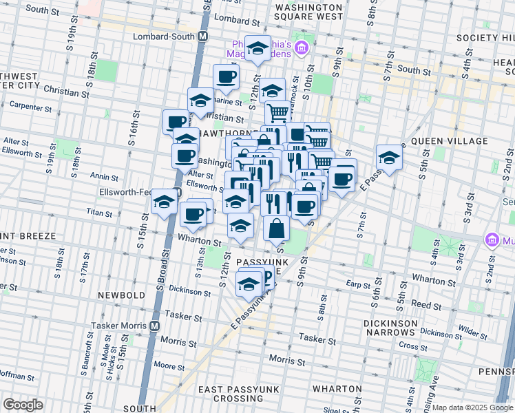 map of restaurants, bars, coffee shops, grocery stores, and more near 1146 South 11th Street in Philadelphia