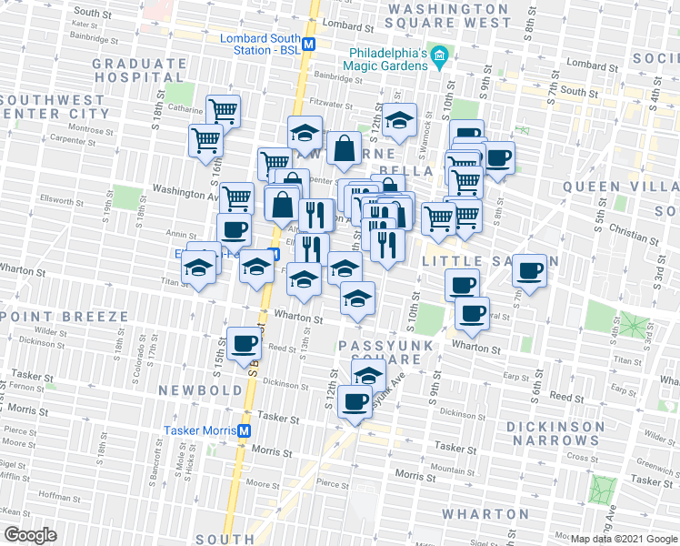 map of restaurants, bars, coffee shops, grocery stores, and more near 1202 Ellsworth Street in Philadelphia