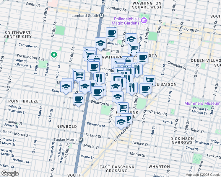 map of restaurants, bars, coffee shops, grocery stores, and more near 1202 Ellsworth Street in Philadelphia