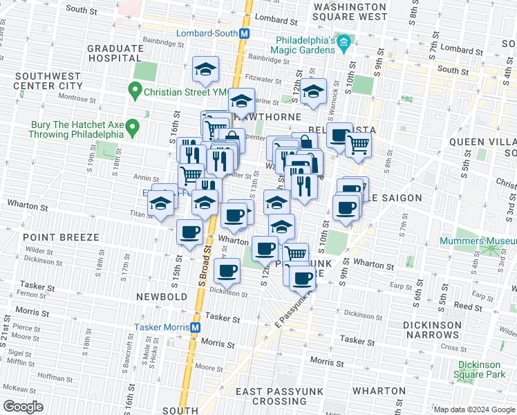 map of restaurants, bars, coffee shops, grocery stores, and more near 1148 South 13th Street in Philadelphia