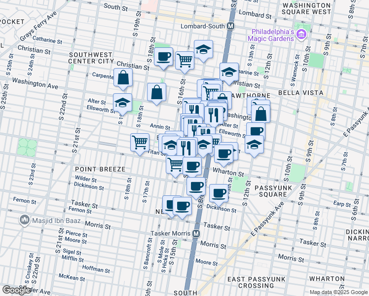 map of restaurants, bars, coffee shops, grocery stores, and more near 1508 Manton Street in Philadelphia