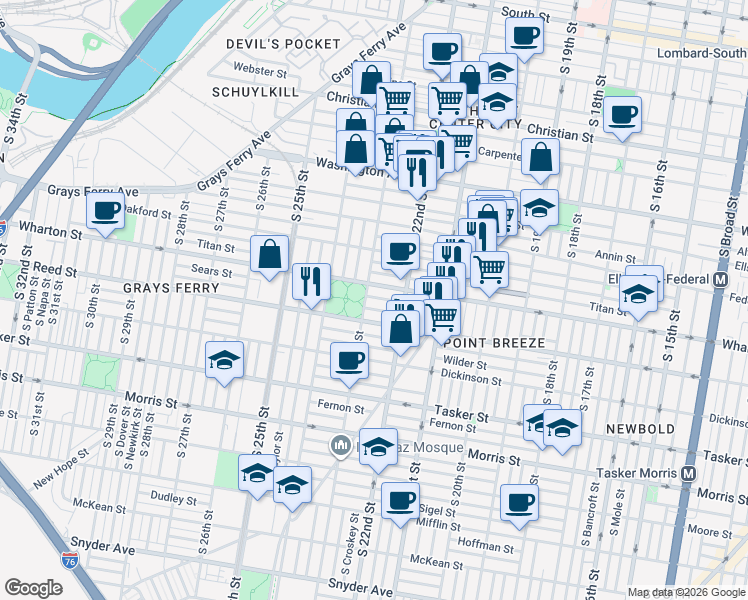 map of restaurants, bars, coffee shops, grocery stores, and more near 2233 Wharton Street in Philadelphia