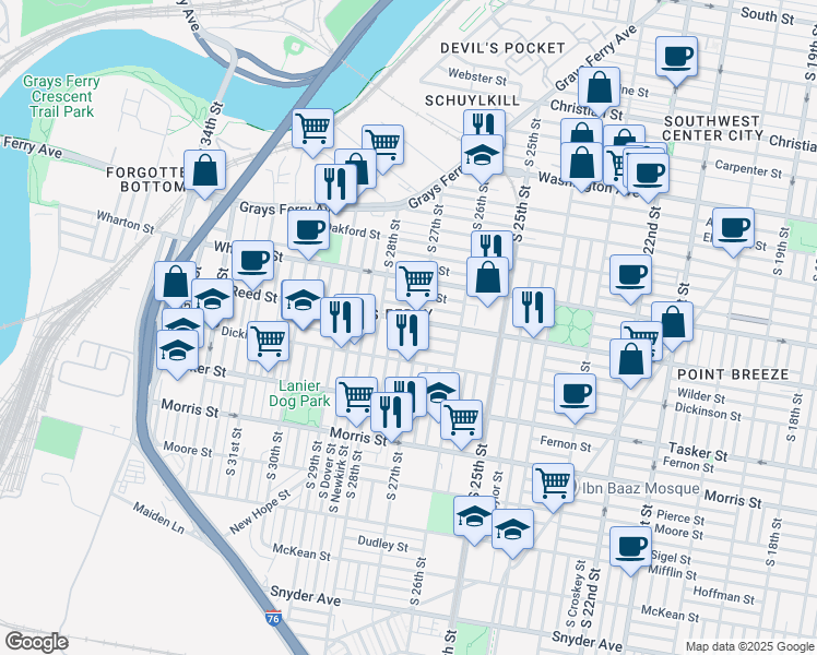 map of restaurants, bars, coffee shops, grocery stores, and more near in Philadelphia