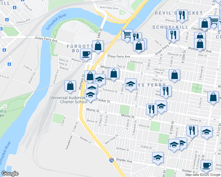 map of restaurants, bars, coffee shops, grocery stores, and more near 1425 South Patton Street in Philadelphia