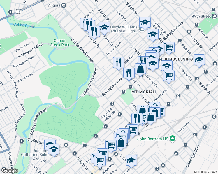map of restaurants, bars, coffee shops, grocery stores, and more near 5920 Windsor Street in Philadelphia