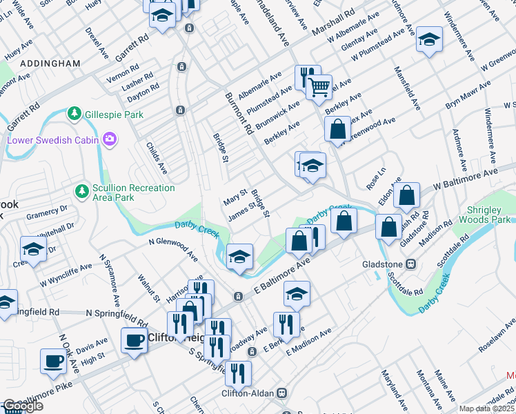 map of restaurants, bars, coffee shops, grocery stores, and more near 3837 James Street in Drexel Hill