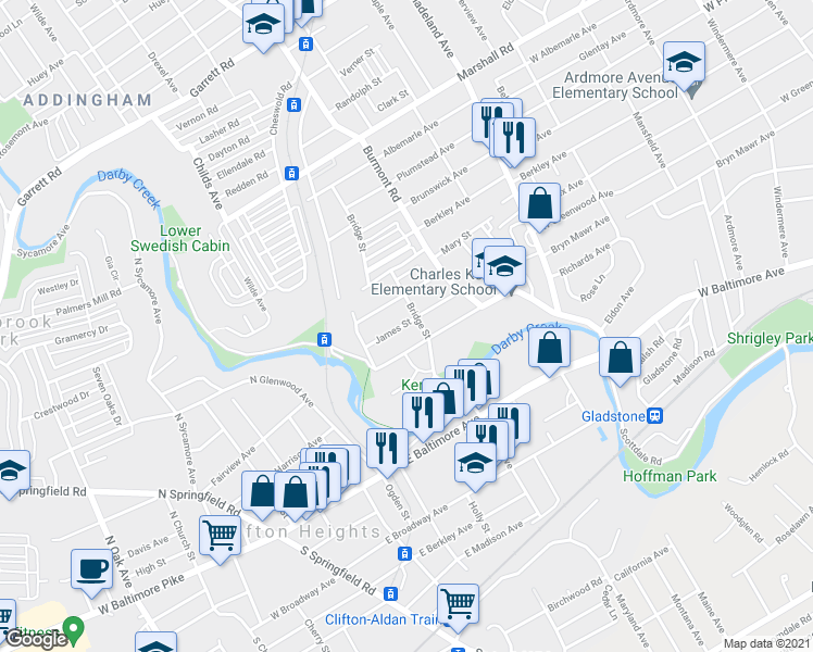 map of restaurants, bars, coffee shops, grocery stores, and more near 3910 Mary Street in Drexel Hill