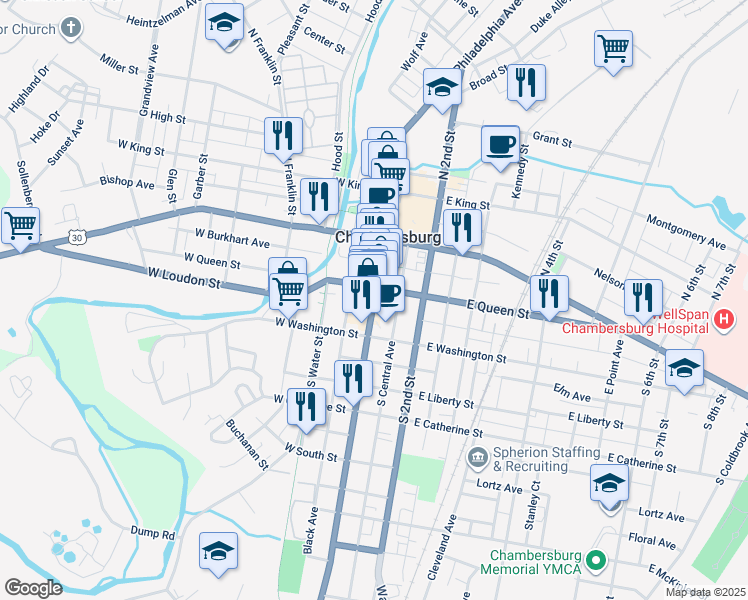 map of restaurants, bars, coffee shops, grocery stores, and more near 123 East Queen Street in Chambersburg