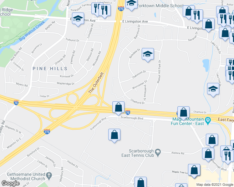 map of restaurants, bars, coffee shops, grocery stores, and more near 2043 Bairsford Drive in Columbus
