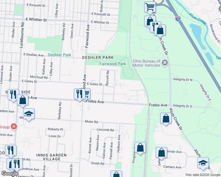 map of restaurants, bars, coffee shops, grocery stores, and more near 1616 East Gates Street in Columbus