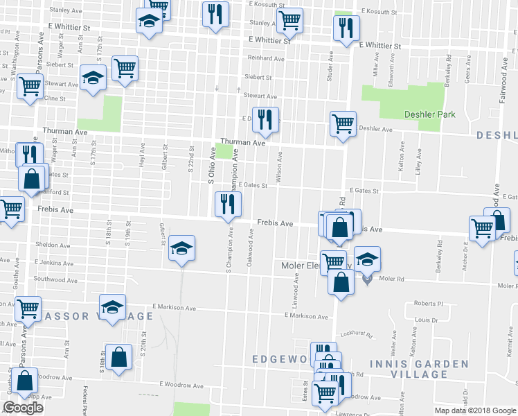 map of restaurants, bars, coffee shops, grocery stores, and more near 1418 Oakwood Avenue in Columbus