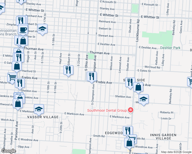 map of restaurants, bars, coffee shops, grocery stores, and more near 1410 South Champion Avenue in Columbus