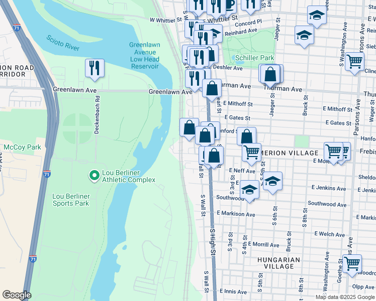 map of restaurants, bars, coffee shops, grocery stores, and more near 1275 South Front Street in Columbus