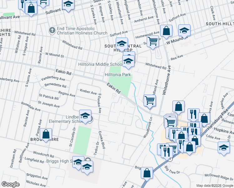 map of restaurants, bars, coffee shops, grocery stores, and more near 2413 Eakin Road in Columbus