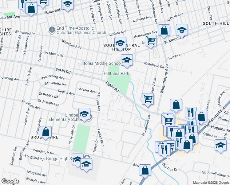 map of restaurants, bars, coffee shops, grocery stores, and more near 2413 Eakin Road in Columbus