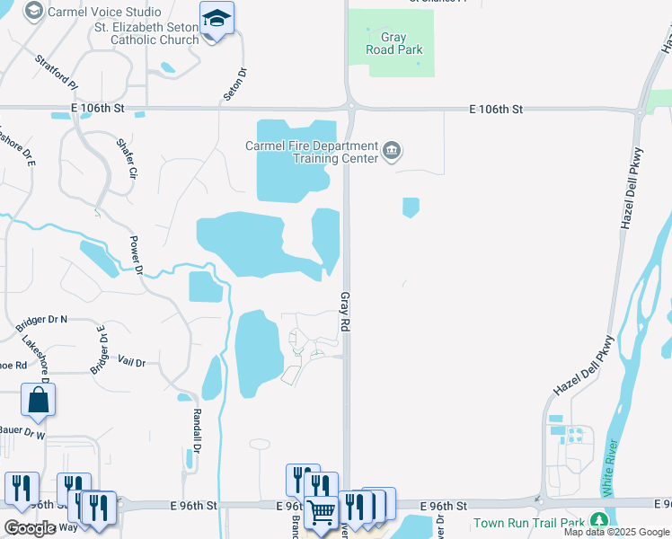 map of restaurants, bars, coffee shops, grocery stores, and more near 10200 Gray Road in Indianapolis