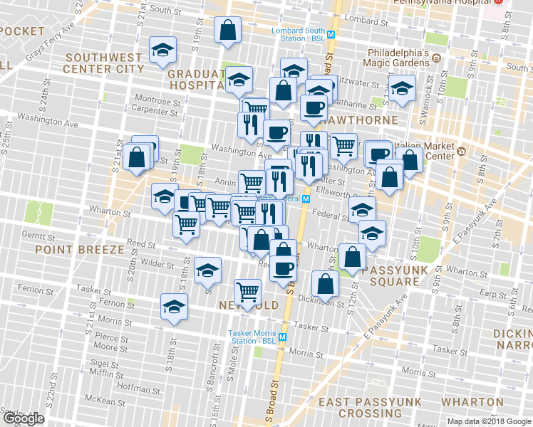map of restaurants, bars, coffee shops, grocery stores, and more near 1508 Manton Street in Philadelphia