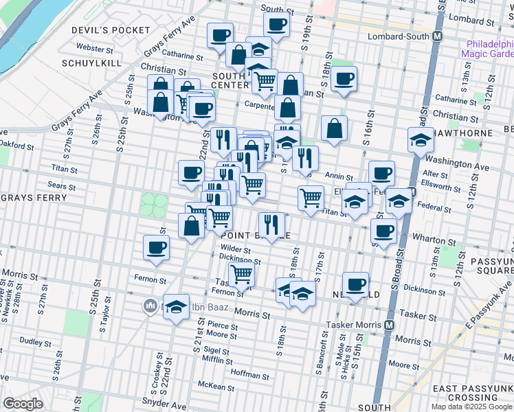 map of restaurants, bars, coffee shops, grocery stores, and more near 1941 Wharton Street in Philadelphia