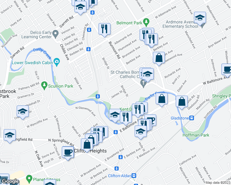 map of restaurants, bars, coffee shops, grocery stores, and more near 3925 James Street in Upper Darby