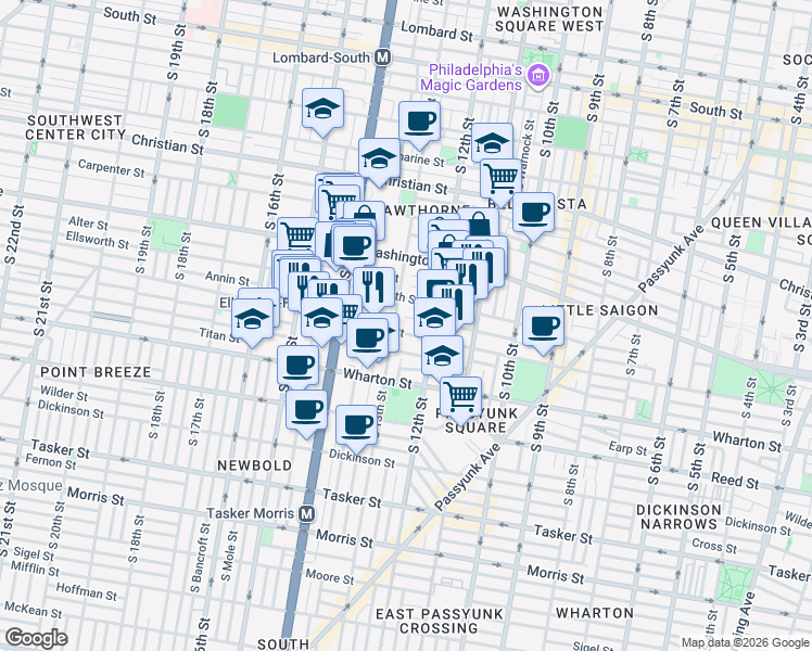 map of restaurants, bars, coffee shops, grocery stores, and more near 1235 Federal Street in Philadelphia