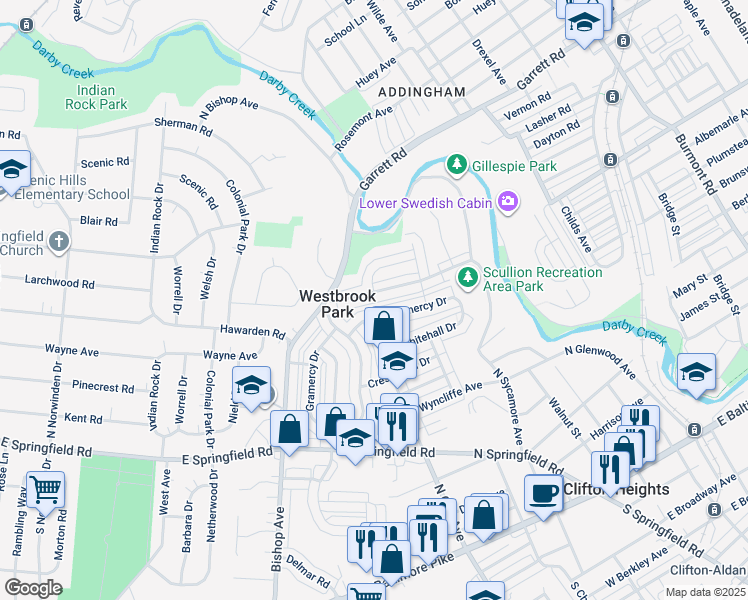 map of restaurants, bars, coffee shops, grocery stores, and more near 5217 Palmer Mill Road in Clifton Heights